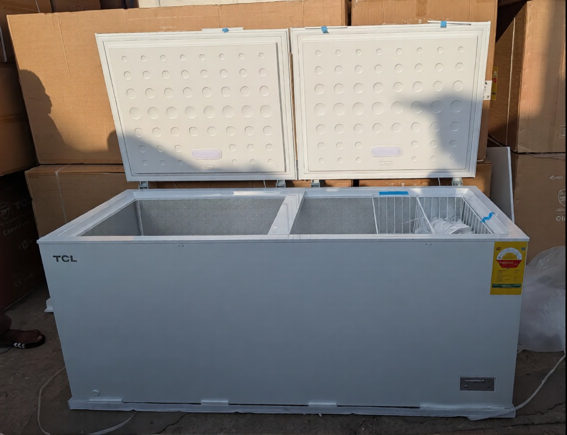 White TCL Double Door Chest Freezer with dual top lids